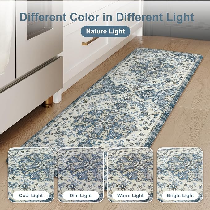 KIMODE Anti Fatigue Kitchen Mat for Floor 17.3"x29"+17.3"x59", Boho Vintage Kitchen Rugs Sets of 2, Cushioned Non Slip Kitchen Mats for Floor, Comfort Kitchen Floor Mat for Sink Laundry Desk Blue