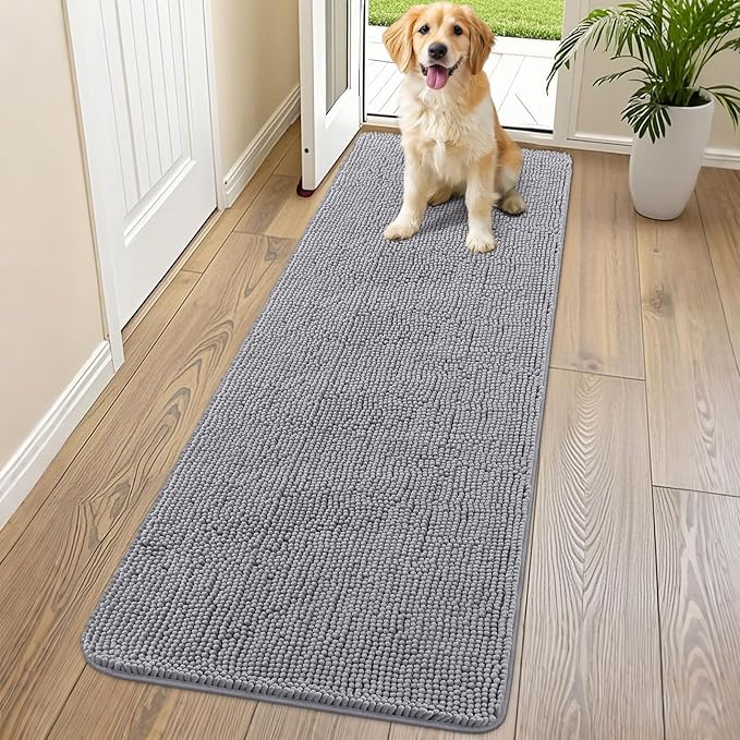 Smiry Dog Door Mat for Muddy Paws 70x24, Absorbent Dirt Trapper, Non-Slip Washable Chenille Entryway Rug for Inside Floor, Grey, Classic Solid