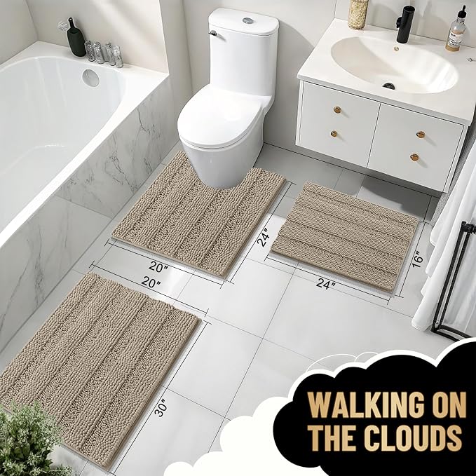 OLANLY Thick Small Bathroom Rugs 24x16, Extra Soft Absorbent Chenille Striped Bath Rugs, Rubber Backing, Machine Wash, Bath Mats for Bathroom Floor, Tub and Shower, Home Decor Accessories, Warm Taupe
