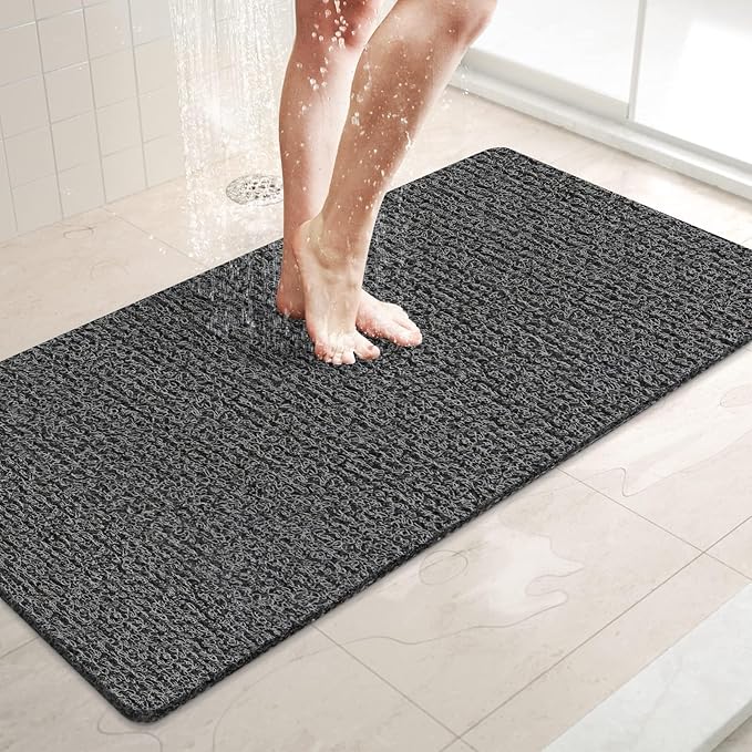 LuxStep Shower Mat Bathtub Mat,36x16 inch, Non-Slip Bath Mat with Drain, Quick Drying PVC Loofah Bathmat for Tub,Shower,Bathroom (Phthalate Free,Black)