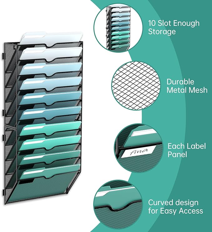 SUPEASY 10-Tier Wall File Organizer, Hanging Wall Files for Papers, Folders, Magazines, Clipboard, Wall Organizer for Office Home School Classroom, Black