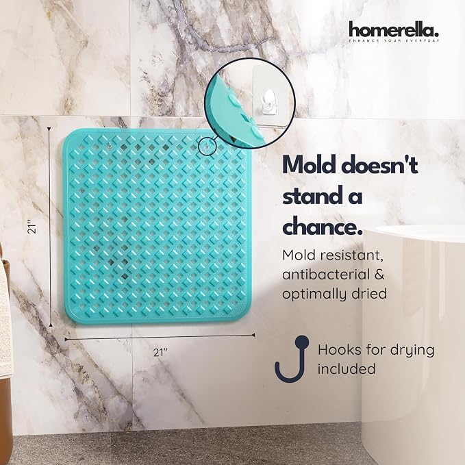homerella® Shower Mat Non Slip Anti Mold, Non Slip Shower Mats for Inside Shower Stall Anti Slip Mat, Square Shower Floor Mat 21 x 21 in with Suction Cups & Hooks for Quick Drying, Machine Washable