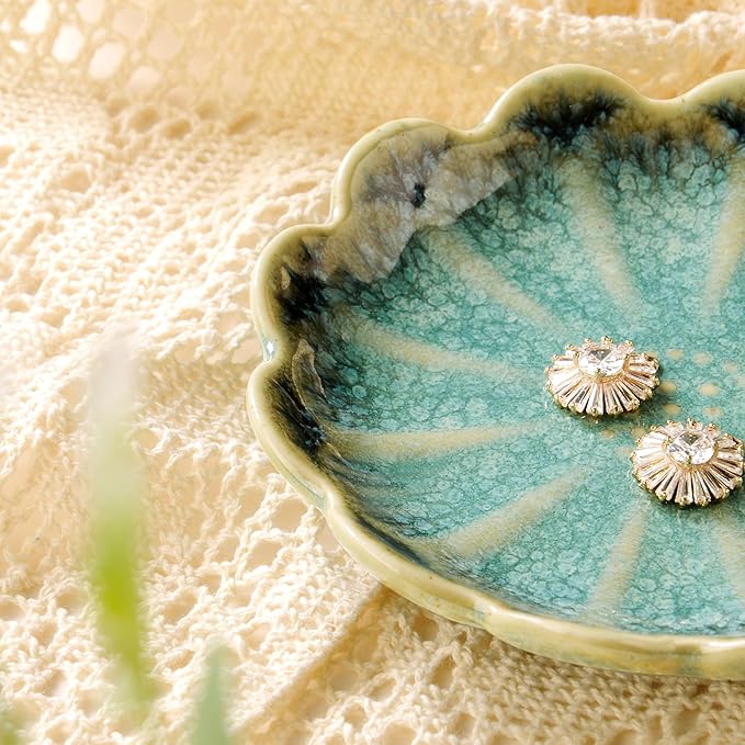 Lotus Ring Holder Dish Small Indoor Ash Tray, Ceramic Dessert Plate Trinket Jewelry Holder Organizing Necklace Earrings for Parents Friends Sister, Deep Green. All Jewelries Are NOT Included.