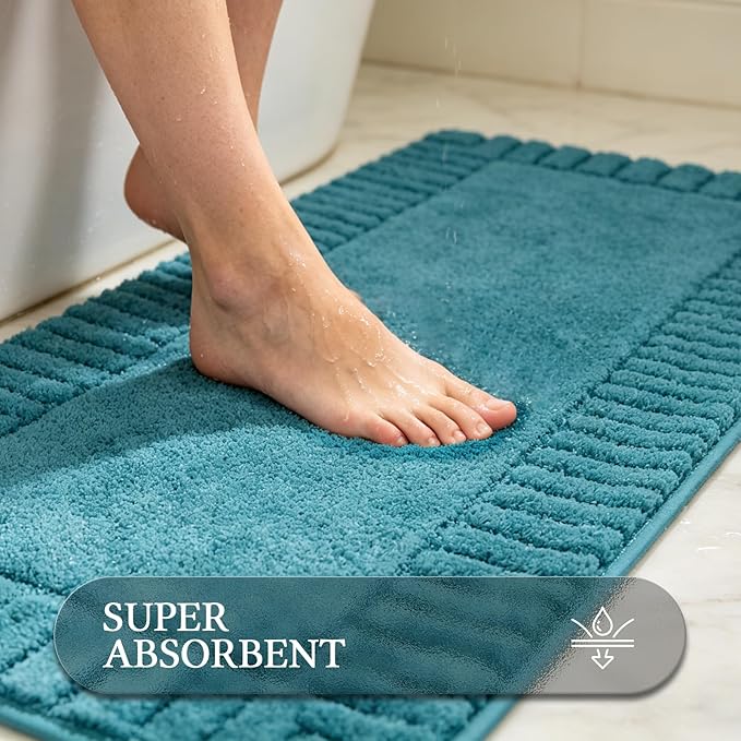 Pauwer Bathroom Rugs Sets 3 Piece Non Slip Machine Washable Bathroom Shower Rugs with U-Shaped Contour Toilet Mat Plush Shaggy Absorbent Microfiber Bath Mat Set, Aqua Blue