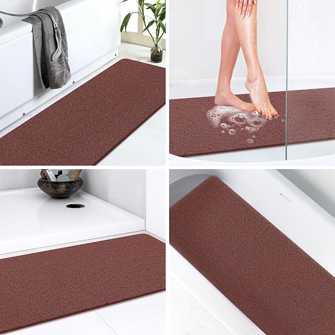 LuxStep Shower Mat Bathtub Mat,47x16 inch, Non-Slip Bath Mat with Drain, Quick Drying PVC Loofah Bathmat for Tub,Shower,Bathroom,Reddish Brown