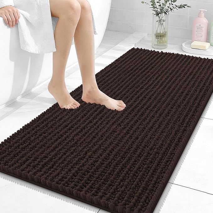 OLANLY Long Bathroom Rugs Runner 47x24, Thick Soft and Absorbent Chenille Bath Mat, Non-Slip, Machine Washable Quick Dry Bath Rugs for Tub Shower Floor, Home Decor Accessories, Brown
