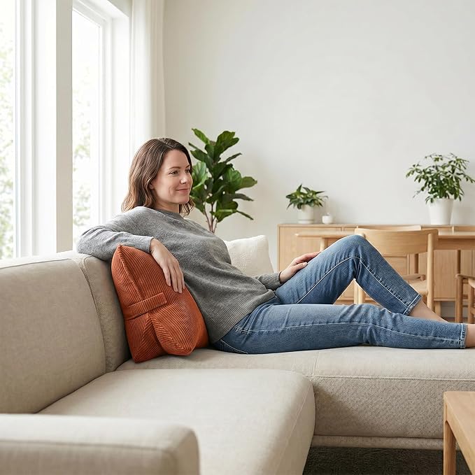 Pat. Pend. Corduroy Back Support Pillow for Bed Sitting and Headboard Support, Lumbar Cushion for Relaxing and Watching TV, Triangle Backrest Pillow, Brick Red