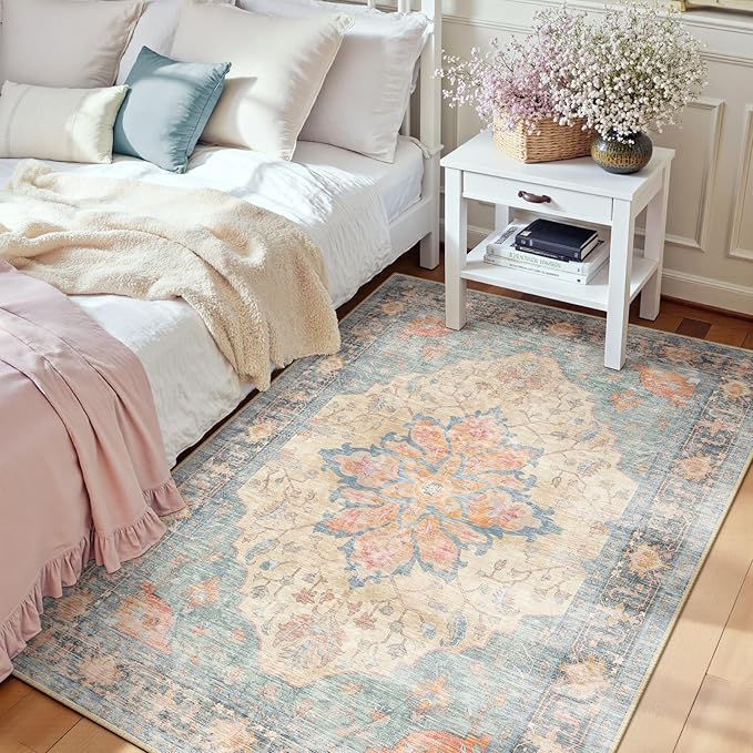 RELEANY Area Rugs 3'x5' Washable Non-Slip, Floral Vintage Distress Medallion Carpet for Living Room Bedroom Dining Room, Blue Orange Red