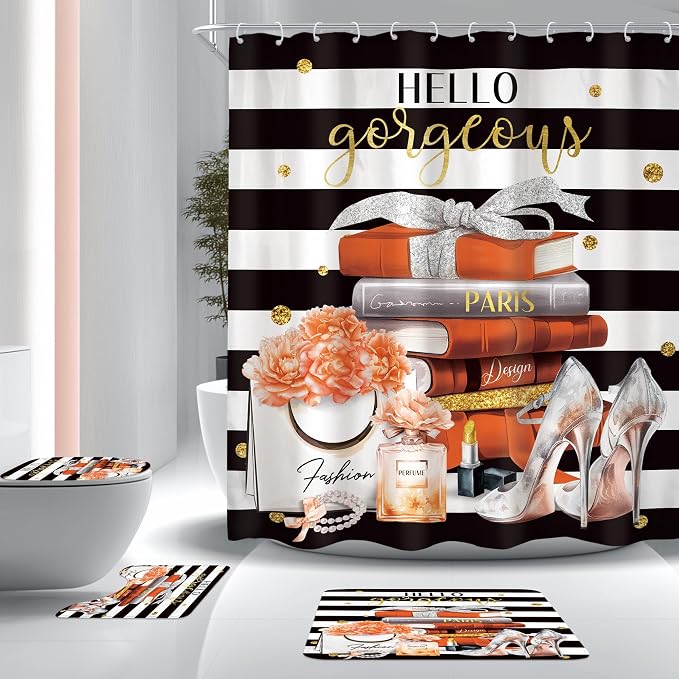 4Pcs Black and Orange Shower Curtain Set, Burnt Orange Fashion Flower Perfume High Heels Books Bathroom Curtain with Rug, Toilet Lid Cover, Bath Mat, Women Girl Shower Curtain with 12 Hooks