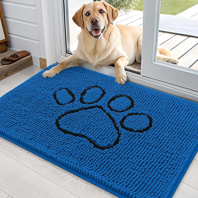 OLANLY Dog Door Mat for Muddy Paws 36x24, Paw Print Design, Absorbs Moisture and Dirt, Non-Slip Washable Doormat, Quick Dry Chenille Mud Mat for Dogs, Entry Indoor Entryway Carpet, Deep Navy Blue