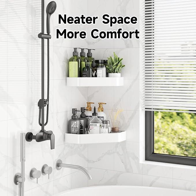 Veken Aluminum Corner Shower Caddy 4-Pack, Never Rust, No Drilling Adhesive Shelves, Stainless Rack with Soap Holder, Bathroom Organizers and Storage, Wall-Mounted Kitchen & Home Decor, White