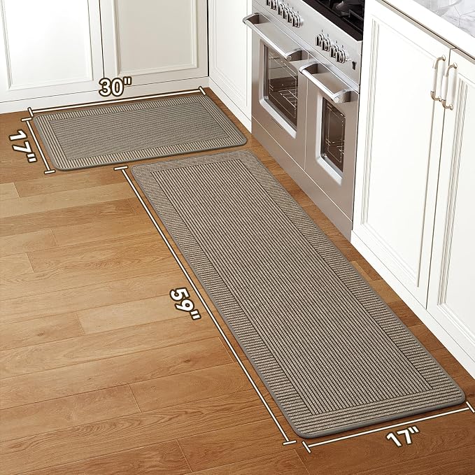 Kitchen Mats for Floor, 17''x30''+17''x59''Kitchen Rugs Set of 2, Washable Non Slip Absorbent Kitchen Mat, Braided Kitchen Runner Rug, Kitchen Sink Rug, Brown