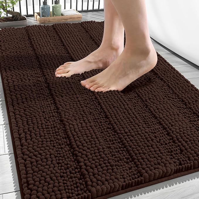 OLANLY Thick Bathroom Rugs 34x21, Extra Soft Absorbent Chenille Striped Bath Rugs, Rubber Backing, Machine Wash Dry, Bath Mats for Bathroom Floor, Tub and Shower, Home Decor Accessories, Brown