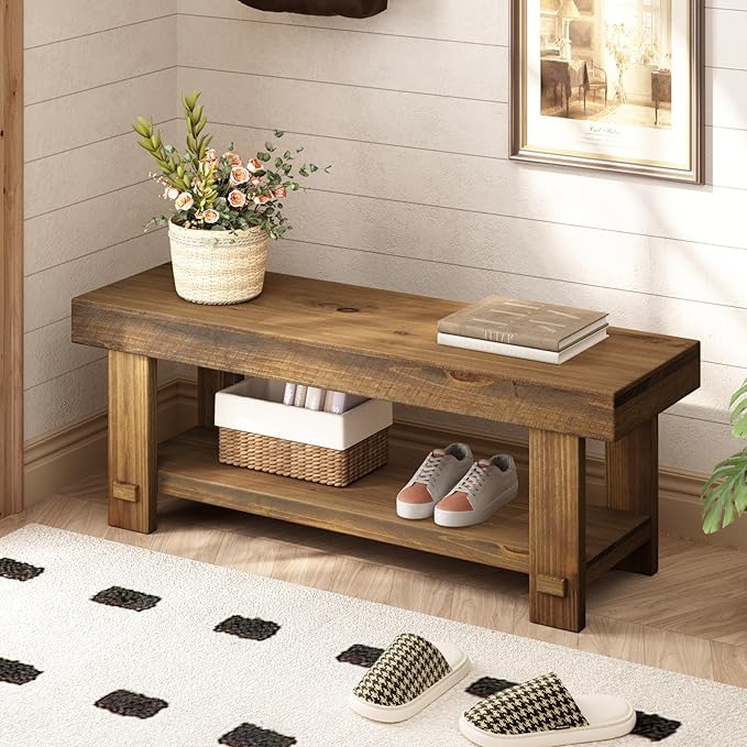 HOKYHOKY Solid Wood Entryway Bench - 42.6" Farmhouse Long Storage Benches, Narrow Bench Seat for Indoor, Entryway, Dining Room, Living Room, Bedroom and Hallway, Rustic Natural
