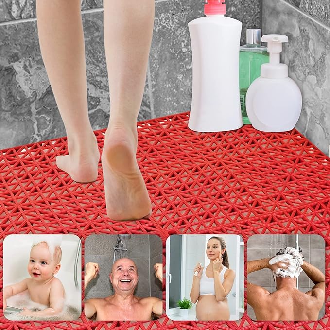 ToLanbbt Modular Interlocking Cushion 12P 11.8" x 11.8" Interlocking Rubber Floor Drain Holes Non-Slip Splicing Drainage Mats for Deck, Shower, Kitchen, Drain Pool, Sauna Bath, Indoor Outdoor (Red)