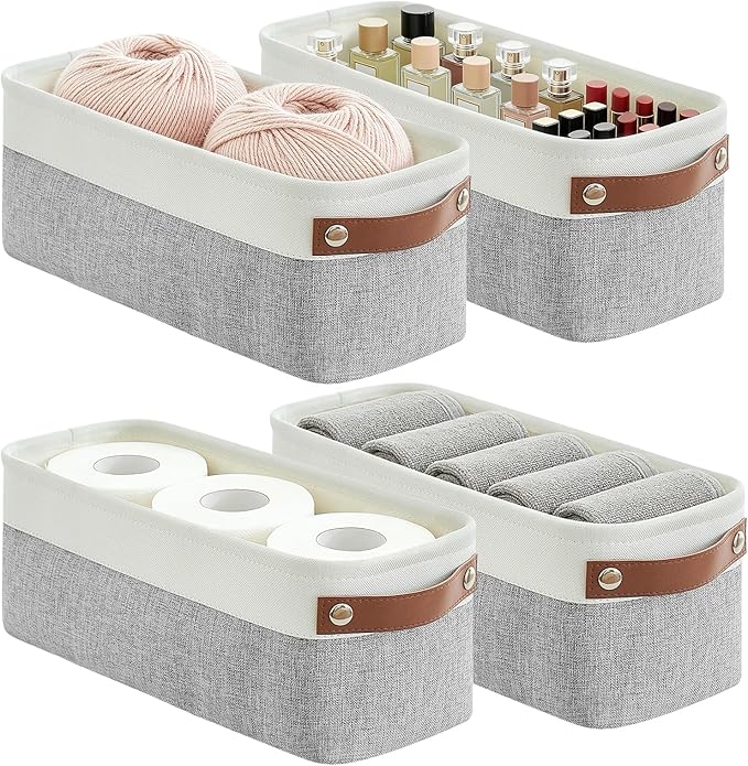 Bagnizer Small Fabric Storage Baskets, 15x6x5 inch Narrow Storage Bins 4-Pack Long Storage Basket for Organizing with Handles, Decorative Basket for Closets, Shelves, Toilet Paper, Grey