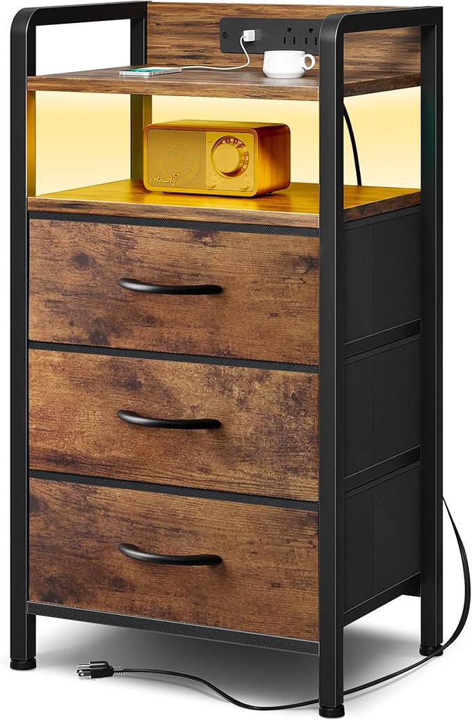 Lazzanto Night Stand Bedside Table Bedroom - Nightstand with Charging Station & LED Light Strip, Bed Side End Table with Storage Shelf & 3 Fabric Drawers, U-S-B Ports & AC Outlets, Rustic Brown