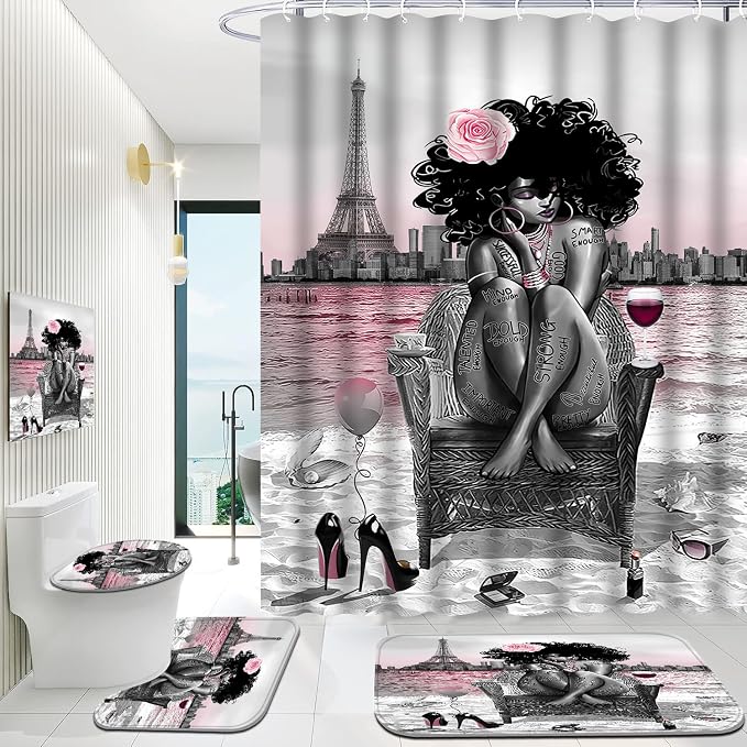 4Pcs Black Girls Bathroom Sets with Shower Curtain and Rugs, African Shower Curtain Set for Women, Eiffel Tower Pink Pattern Waterproof Fabric with 12 PCS Hooks, Cortina de baño Set completo