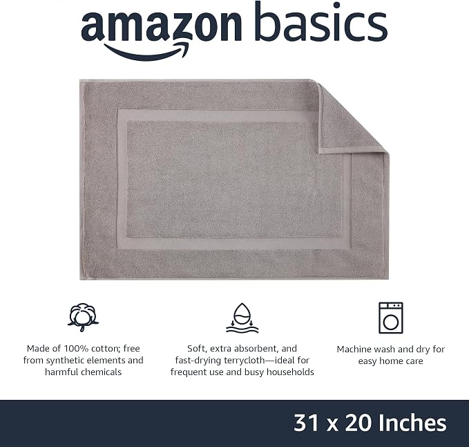 Amazon Basics Banded Bathroom Bath Rug Mat, Machine Washable, 100% Cotton, 31" x 20", Powder Gray