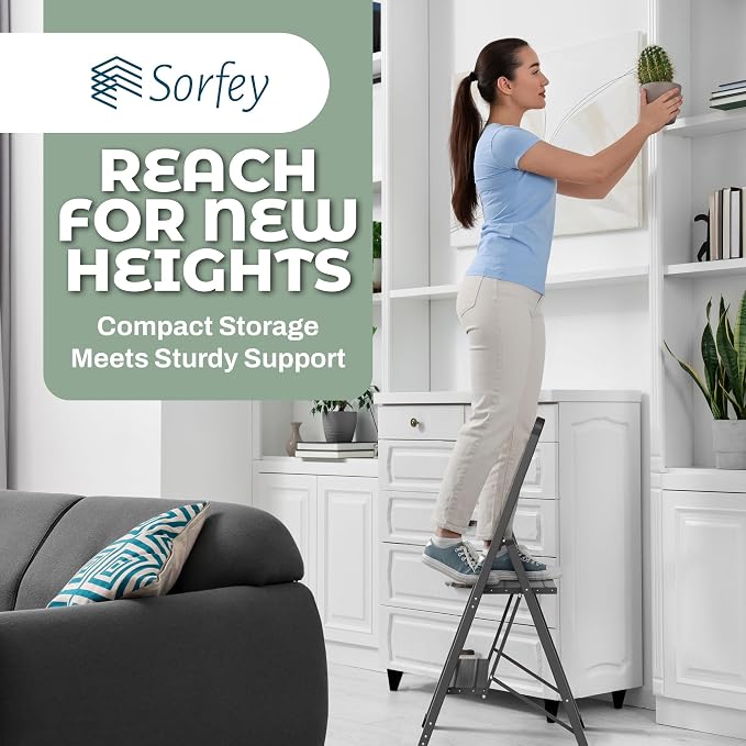 Step Ladder 2 Step Folding, Decorative - Modern Beautiful Black Aluminum,Lock Mechanism, Ultra Slim Profile, Anti Slip Steps, Sturdy-Portable for Home, Office, Kitchen, Photography Use,by SORFEY