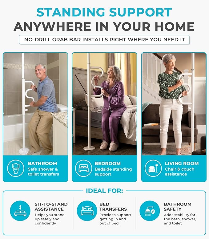 Stander Wonder Pole Plus with Rotating Double Grab Bar, Tension Mounted Security Pole for Seniors & Elderly Adults, No-Drill Floor to Ceiling Transfer Pole for Home & Bath Safety, White