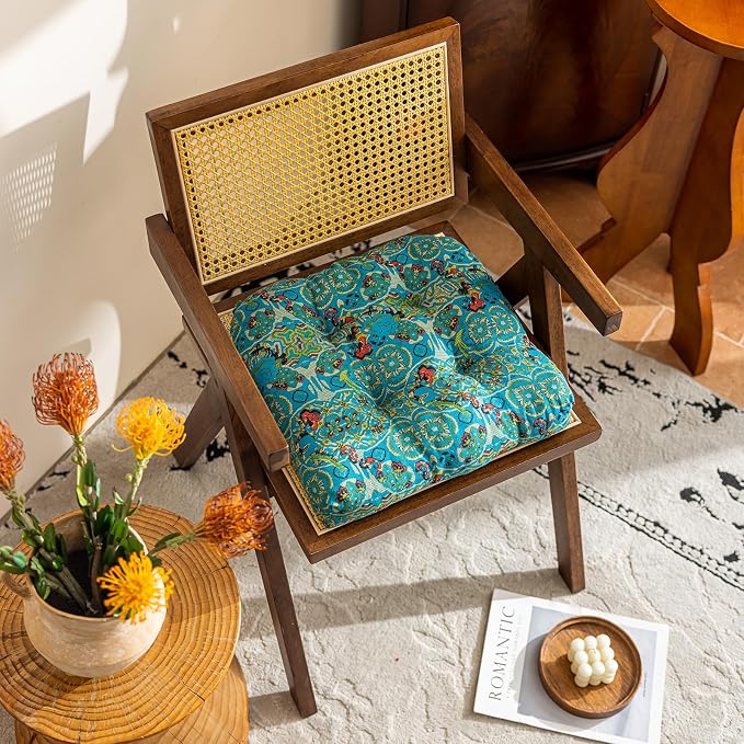 vctops Boho Geometric Chair Cushions with Ties U-Shaped Soft Cozy Cotton Linen Chair Pads Non Slip Seat Cushions for Indoor Dining Room and Kitchen Chairs (Turquoise,16"x16")
