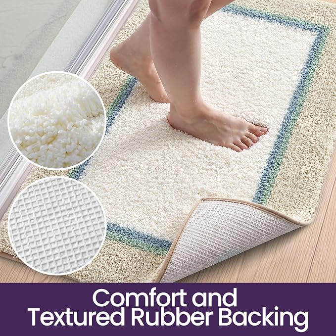 DEXI Bathroom Rugs 36x24, Absorbent Extra Soft Plush Microfiber Bath Mat for Bathroom, Non Slip Washable Bathmat Quick Dry for Shower Floor, Sink, Tub, Laundry Room, Beige and White
