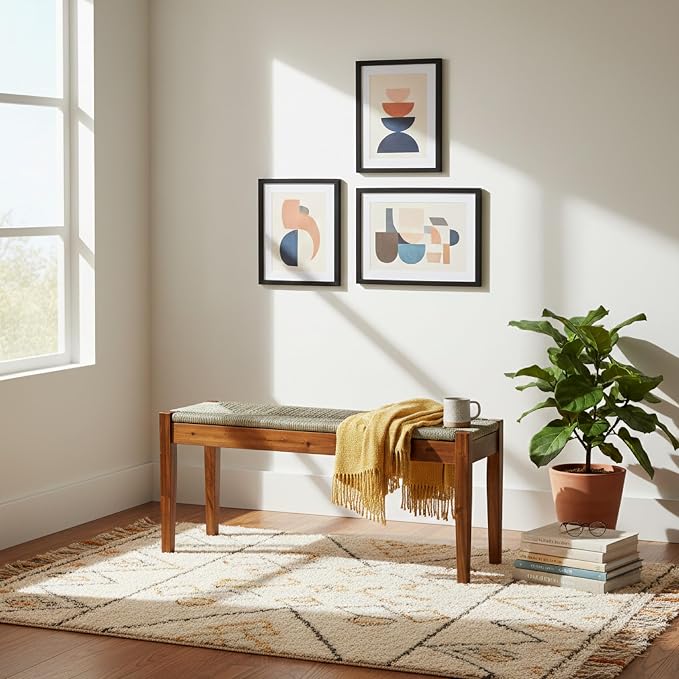 Solid Wood Acacia Indoor Bench with Natural Woven Seat, 45 Inch Wood Bench for Living Room or Entryway, Bedroom End of Bed Bench or Dining Benches, Window Bench