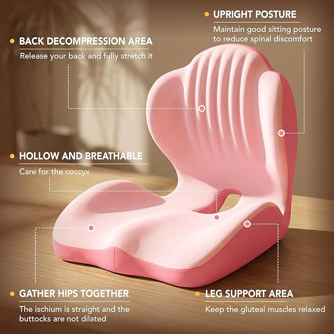 Ergonomic Seat Cushion, Office Chair Seat Cushions with L-Shaped Integrated Design, Memory Foam Orthopedic Cushion with Coccyx Hollow, Lumbar Support & Tailbone Pain Relief for Long Sitting (Pink)