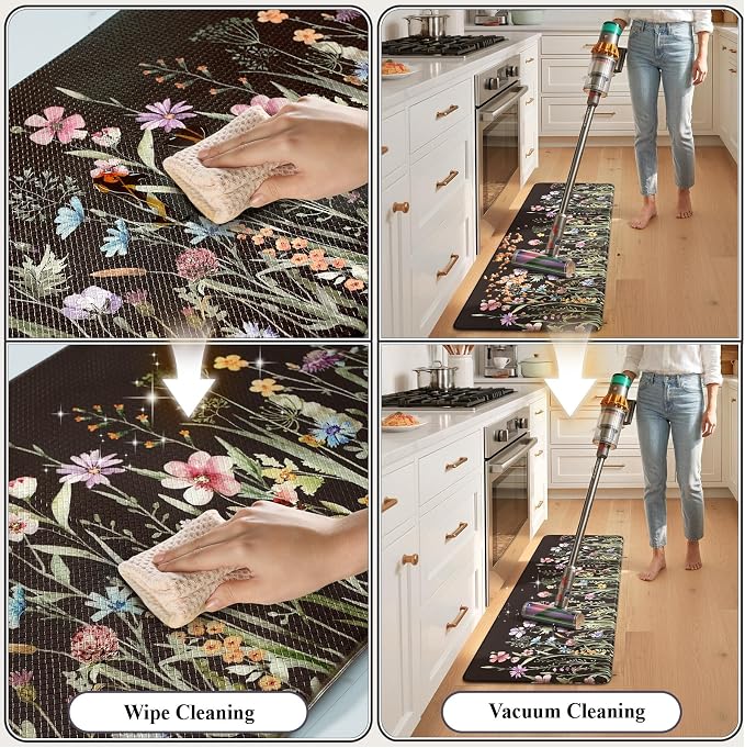 KIMODE Anti Fatigue Mats for Kitchen Floor 17"x47"+17"x29", Farmhouse Floral Kitchen Rugs Sets of 2, Cushioned Kitchen Floor Mats, Non Slip Standing Mat for Sink, Laundry, Office, Desk Black
