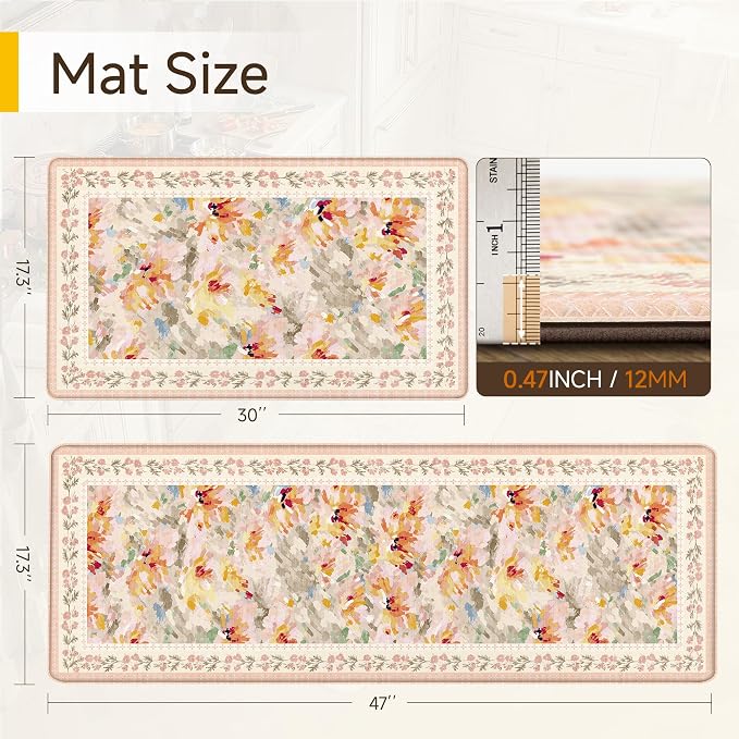 Anti Fatigue Kitchen Mats 2PCS Thick Non Slip Cushioned Rugs Beige Abstract Floral Waterproof Comfort Standing Mats for Floor Sink Laundry Office 17.3"×47"+17.3"×30"