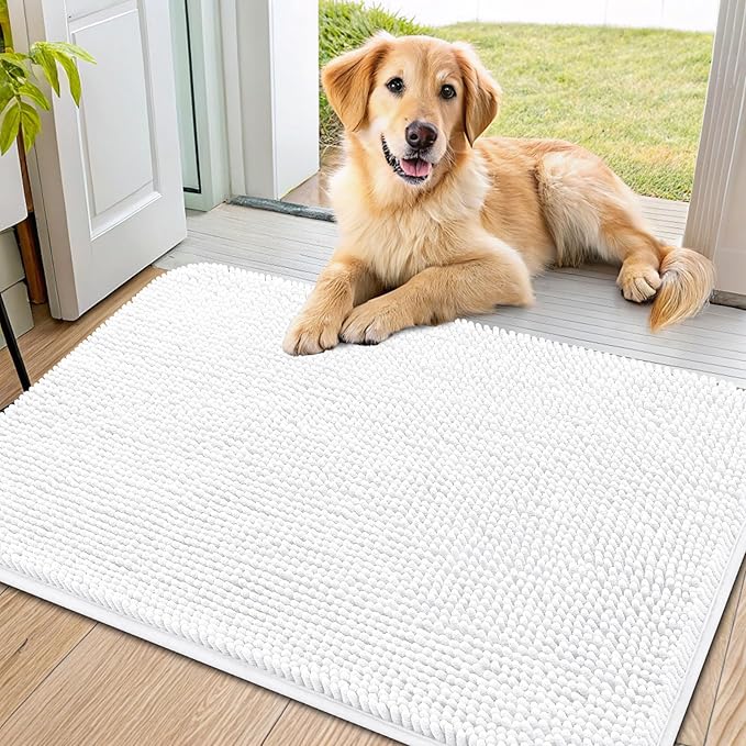 Smiry Dog Door Mat for Muddy Paws 36x24, Absorbent Dirt Trapper, Non-Slip Washable Chenille Entryway Rug for Inside Floor, White, Classic Solid