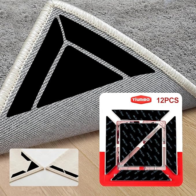 Tiumso 12Pcs Rug Gripper, Double Sided Carpet Tape for Area Rugs, Non Slip Rug Pads Grippers for Hardwood, Tile and Laminate Floors, Rug Corner Grippers for Preventing Curling and Bunching, Black