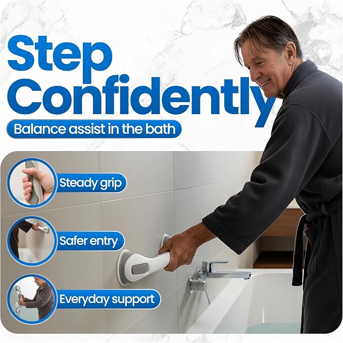 Safe-er-Grip Changing Lifestyles Suction Cup Grab Bars For Bathtubs & Showers; Safety Bathroom Assist Handle, White & Grey, 16 Inches