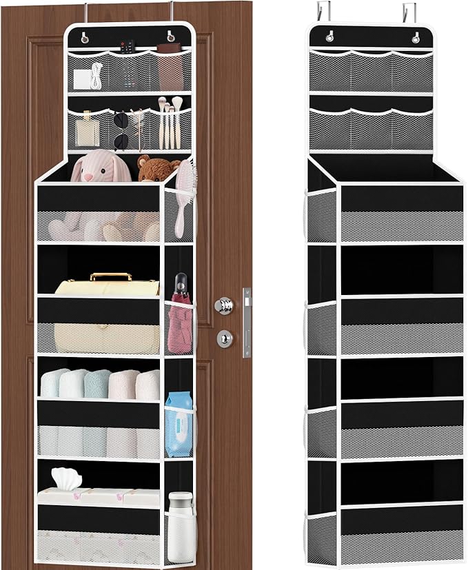 SpaceHacks 6-Tier Over the Door Organizer with Mesh Pockets, Baby Nursery Storage for Closet, Bathroom and Bedroom, Adjustable Hanging Closet Organizer for Cosmetics, Books and Essentials (Black)
