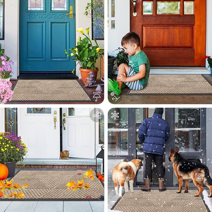 Smiry Front Door Mat Outside Entrance, Heavy Duty Sturdy Natural Rubber Doormat, Trap Dirt and Moisture, Easy Clean Low Profile Mats for Indoor Outdoor Entry, Irregular Triangle (47x32, Mixed Camel)