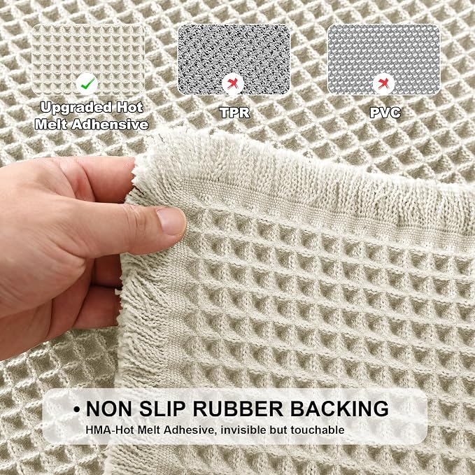 JIUZHEN Set of 2 Waffle Bath Mats Super Absorbent Boho Bath Rugs Non Slip Washable Bathroom Rugs Ultra Soft Machine Washable Shower Mats for Bathroom Floor, Tub, 16" x 24" +24" x 36", Ivory