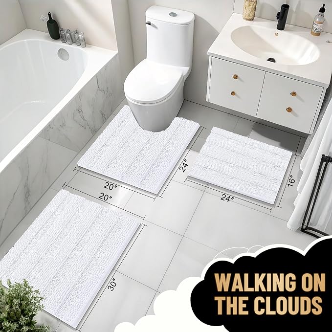 OLANLY Thick Small Bathroom Rugs 24x16, Extra Soft Absorbent Chenille Striped Bath Rugs, Rubber Backing, Machine Wash, Bath Mats for Bathroom Floor, Tub and Shower, Home Decor Accessories, White