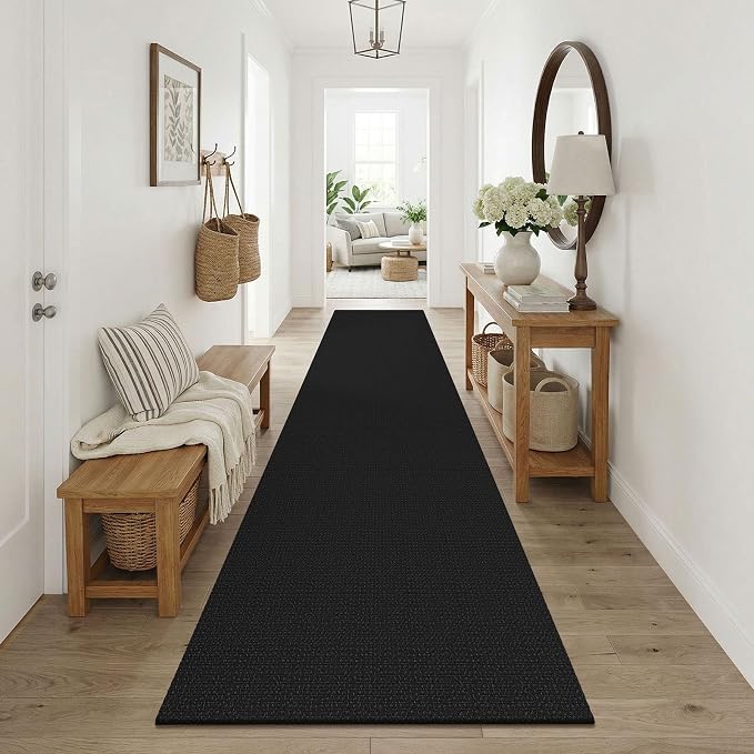KOZYFLY Black Runners Rugs for Hallway 3x10, Wide Washable Runner Rug, Woven Non Slip Kitchen Runner, Braided Entryway Rug, Floor Carpet for Entry, Aisle, Hall, Black/Dark Grey