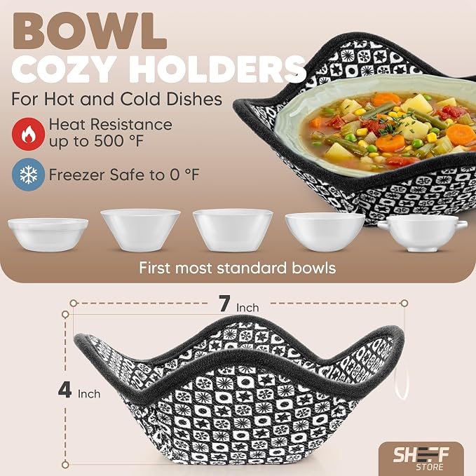 Sheff Microwave Bowl Cozy Holders Set of 4 - Durable and Reliable for Hot and Cold Plates and Dishes - Ideal Household Gift (Black and White, 7 inch)