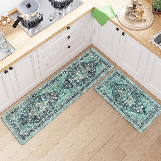 Collive Farmhouse Anti Fatigue Kitchen Mat, Cushioned Kitchen Rug Sets of 2 Waterproof Non Slip Kitchen Floor Mats Ergonomic Comfort Standing Mat for Laundry, Office, Sink, Desk, Teal/Multi