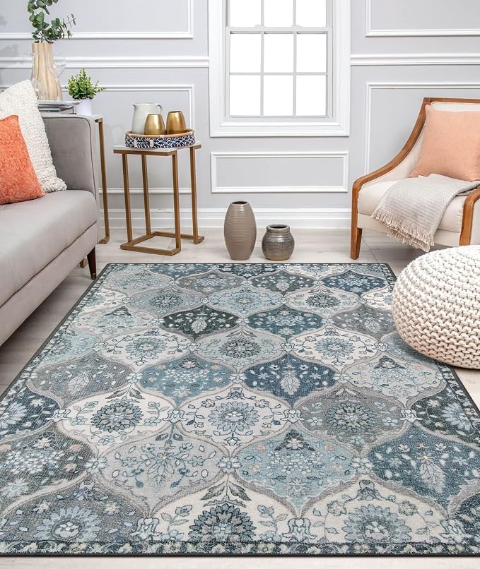 Lahome Moroccan Machine Washable Area Rugs, 4x6 Rug for Living Room Bedroom, Soft Non-Slip Rug Vintage Trellis Ultra-Thin Throw Carpet for Dining Room Office Elise, Blue