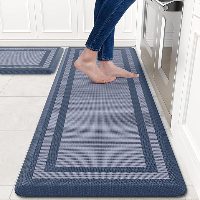 KitchenClouds [2 PCS Kitchen Rugs Cushioned Anti-Fatigue Kitchen Mats for Floor Waterproof Kitchen Rug Set Non-Slip Comfort Standing Mat for Office, Sink, Laundry 17.3"×29"+17.3"×47",Blue