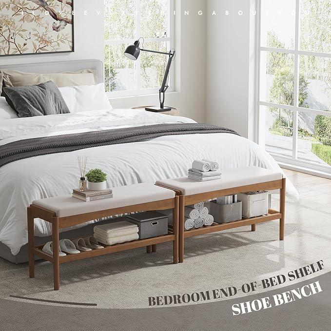 STDDRE Shoe Bench Entryway Bamboo 2-Tier Shoe Rack with Cushion Padded Seat Shoe Bench Organizer Stable for Entry, Hallway, Living Room, Bedroom, Closet (31.5 * 11.4 * 16.5IN, Brown-Beige)