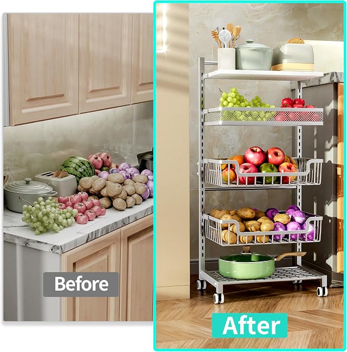 HapiRm Fruit Basket Kitchen Cart - 5 Tier Adjustable Vegetable Storage Rack, Large Capacity Rolling Kitchen Carts on Wheels for Snack Onion and Potato Storage