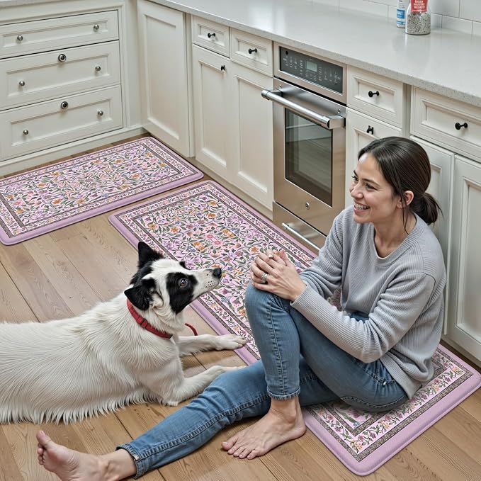 KIMODE Anti Fatigue Kitchen Mat, Cushioned Boho Kitchen Rugs Sets of 2, Farmhouse Kitchen Mats for Floor Non Slip, Waterproof Standing Desk Mats for Laundry Office Sink Purple 17.3"x29"+17.3"x47"