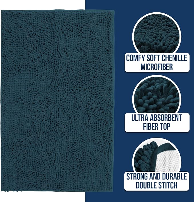 Muddy Mat Chenille Bathroom Rugs Quick Dry Microfiber Mats Non Slip Washable, Extra Thick, Soft and Highly Absorbent Bath Mats for Bathroom, Kitchen, and Shower Floor - Atlantic Blue Large 35"X24"