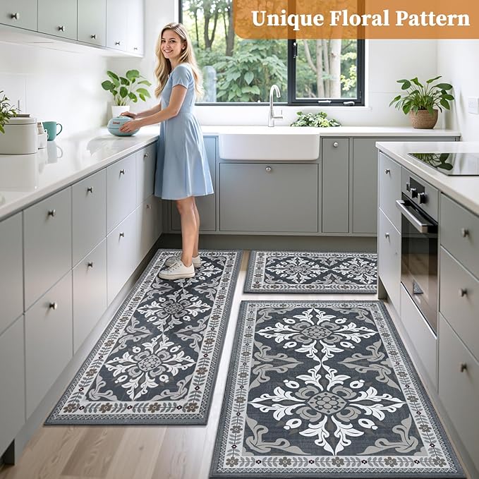 Kitchen Rugs Set of 3, Non-Slip & Washable Floor Mats, Water-Absorbent Area Pad, Standing Desk Mat for Office, Home, Doorway, Laundry, Kitchen Accessories (Grey)