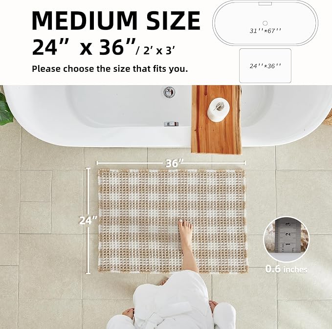 TYUU Waffle Bath Mat, Boho Bathroom Rugs Non Slip Washable Absorbent Checkered Bathroom Mat Quick Dry Farmhouse Bathroom Decor, 36"x24" Khaki and White