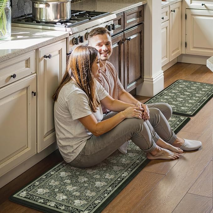 KIMODE Anti Fatigue Mats for Kitchen Floor Non Slip,Boho Floral Rugs Sets of 2,Cushioned Padded Carpet for Laundry Sink,Memory Foam Comfort Standing Mat for Office,Black 17"x29.5"+17" x47”